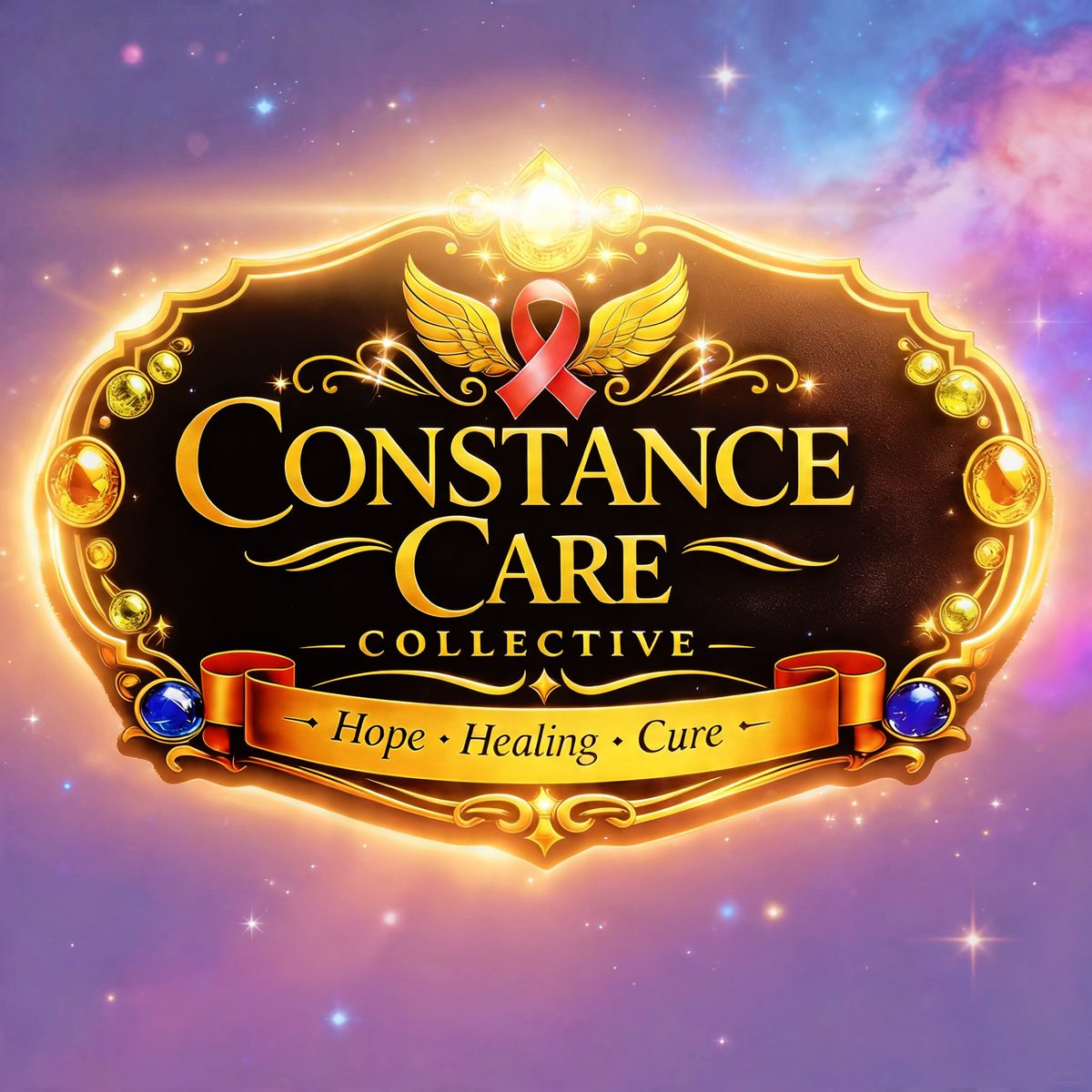 Constance Care Collective emblem — a gold badge with wings and a pink awareness ribbon, banner reading Hope, Healing, Cure