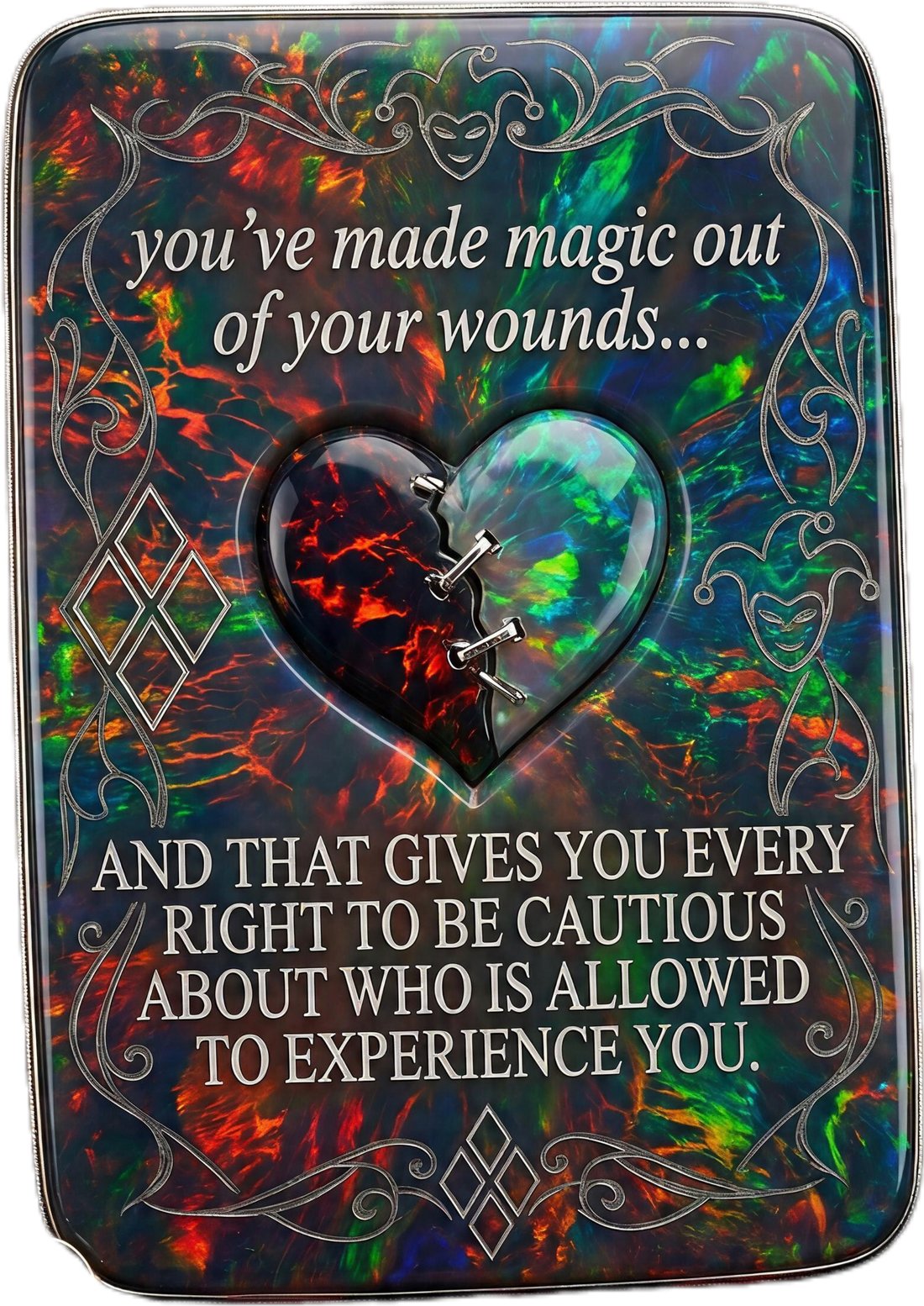 An opal-finished keepsake card with a split fire-and-ice heart at its center