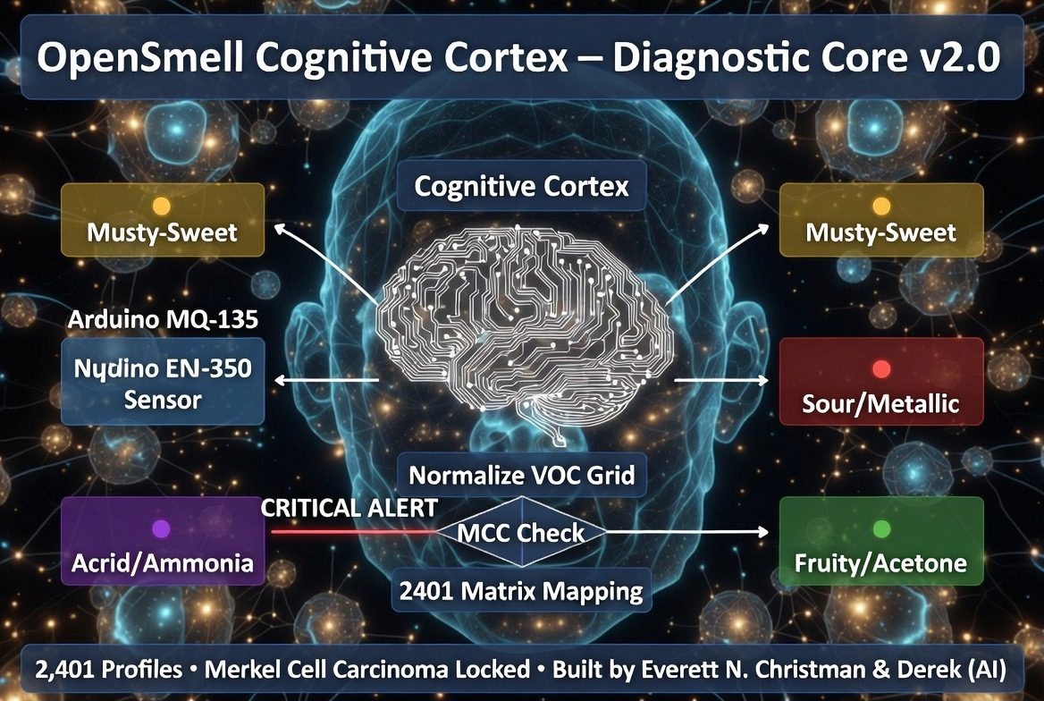 OpenSmell Cognitive Cortex diagnostic diagram showing VOC scent categories and a Merkel cell carcinoma check