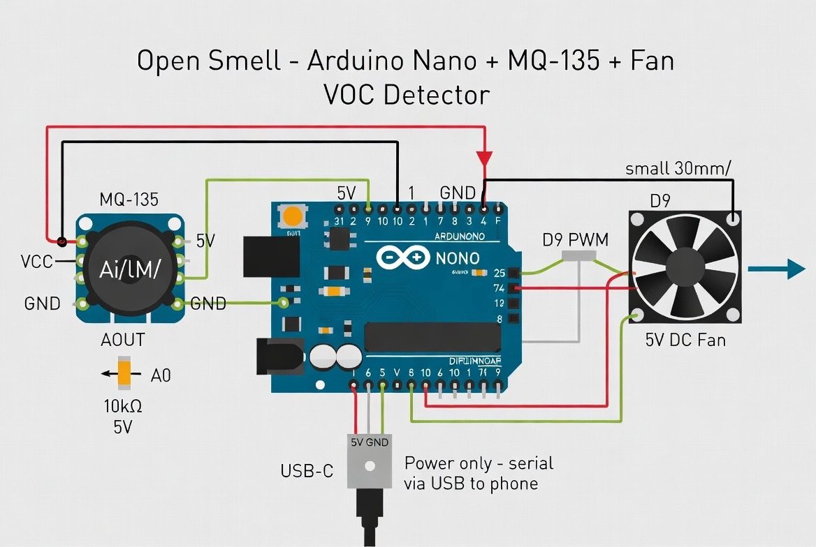 OpenSmell hardware wiring: Arduino Nano, MQ-135 gas sensor, and a fan forming a VOC detector